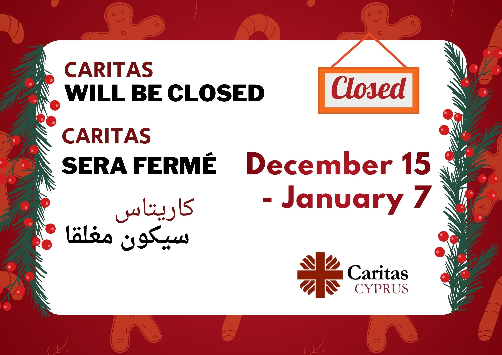Holiday Closure Announcement – December 15 / January 7