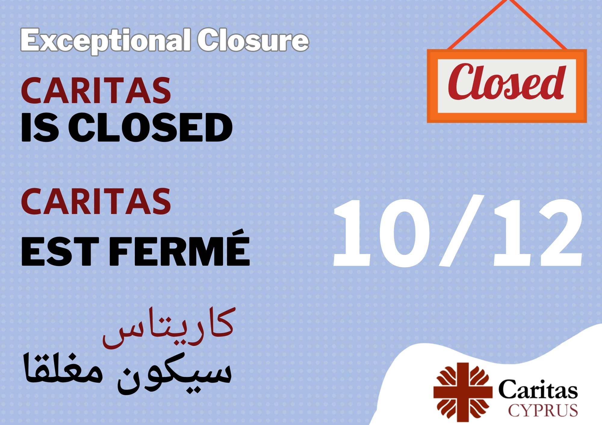 Exceptional Closure of Caritas Cyprus Center Due to Weather Conditions